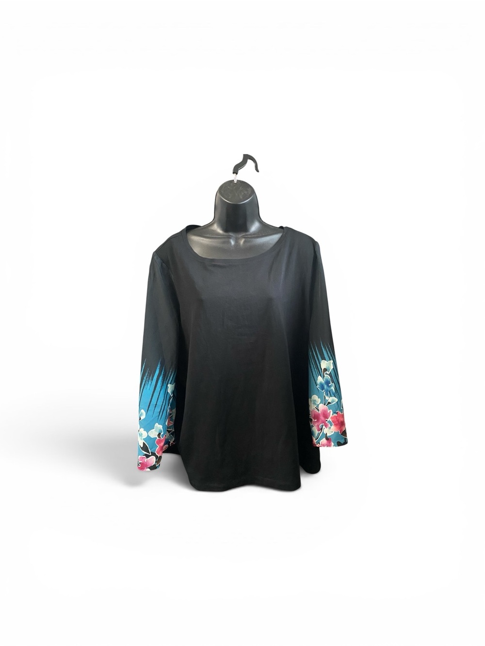 Chico's Black Floral Flaired Sleeve Crew Neck Stretch Boho Pullover Top XXL/4